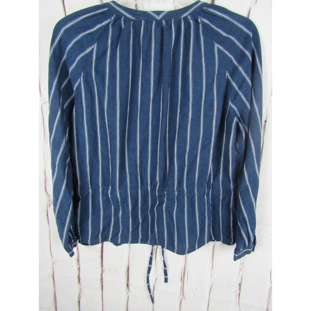 J. Crew Women Top Size 2 Blue Striped Button up Long Sleeve Drawstring - Picture 2 of 6